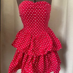 Red spotty strapless dress 1980s